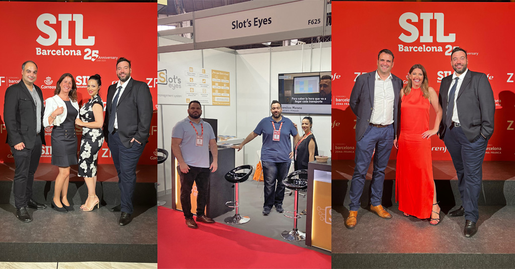 Tres fotos del equipo de Slot's Eyes en el SIL Barcelona: en el photocall de la feria y en el propio estand F625