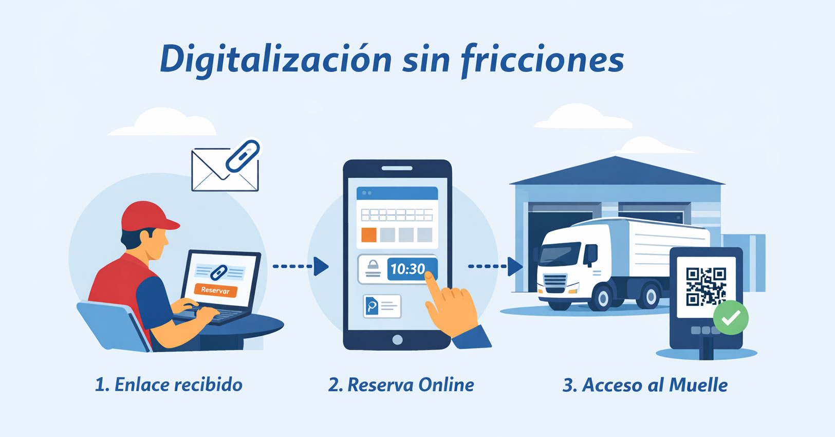 Ilustración del proceso en tres pasos: enlace recibido por correo, reserva de franja horaria desde el móvil y acceso al muelle validando un código QR