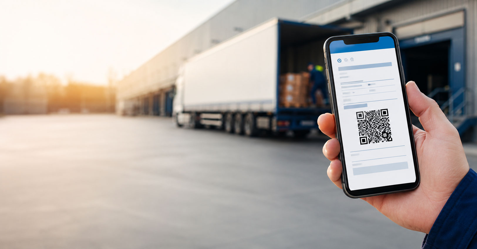 Mano sosteniendo un móvil con un documento de transporte y un código QR en pantalla, delante de un camión cargando en un muelle al atardecer