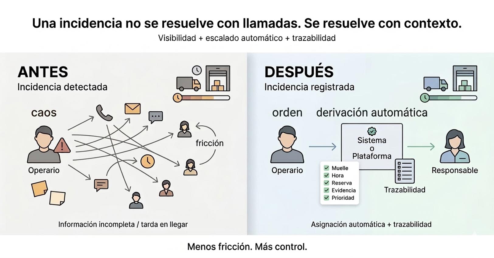 Esquema comparativo: a la izquierda, un operario lanzando llamadas y mensajes en todas direcciones; a la derecha, la incidencia registrada en la plataforma y derivada al responsable con trazabilidad