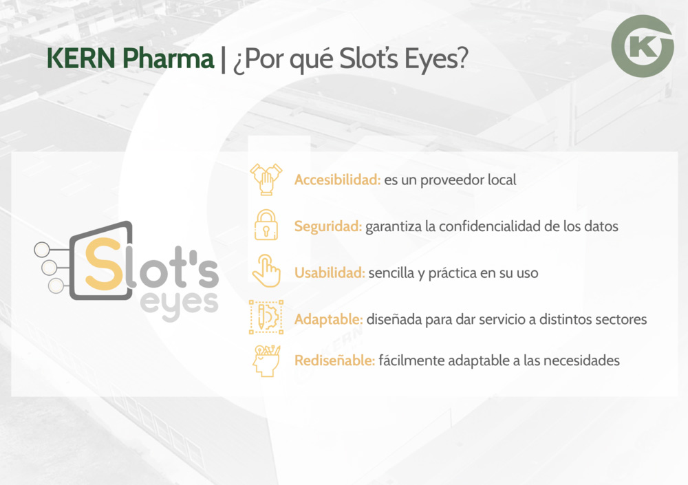 Gráfico de Kern Pharma que enumera por qué eligió Slot's Eyes: accesibilidad, seguridad, usabilidad, adaptabilidad y capacidad de rediseño