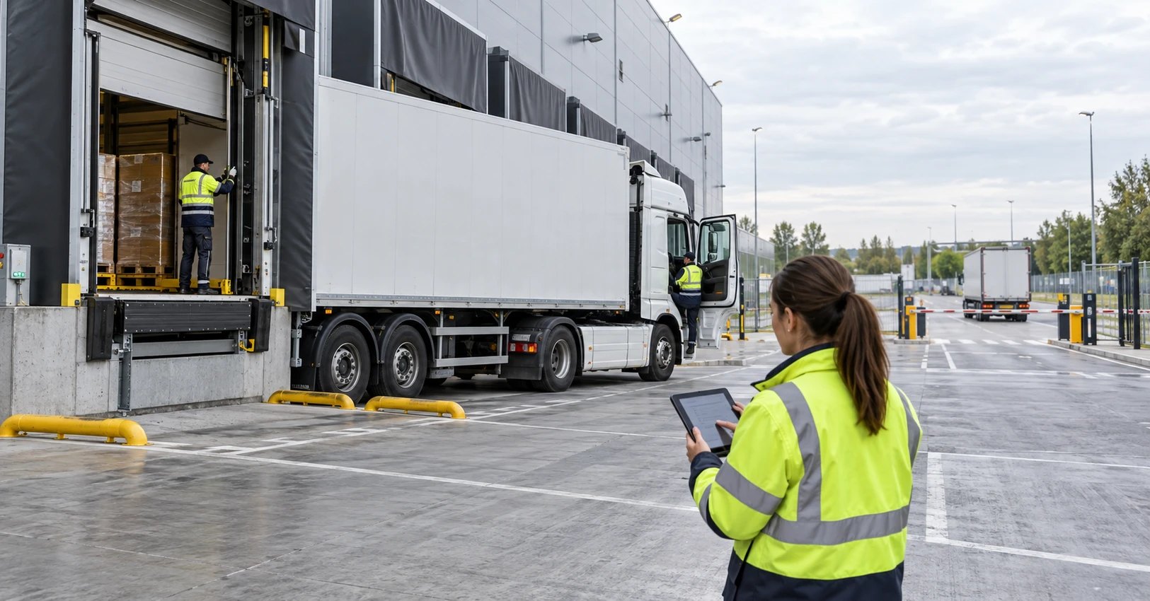Responsable logística valida en una tableta el cierre de una operación mientras un camión permanece en el muelle