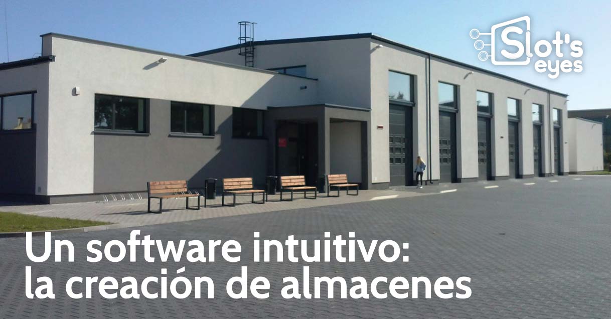 Fachada de una nave logística con varias puertas de muelle y bancos en la entrada