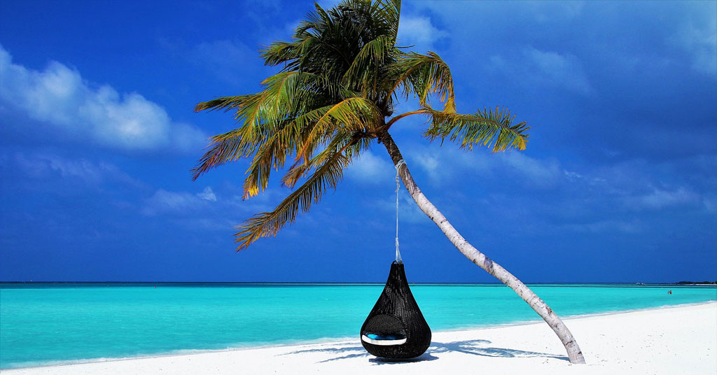 Silla colgante bajo una palmera en una playa de arena blanca y agua turquesa